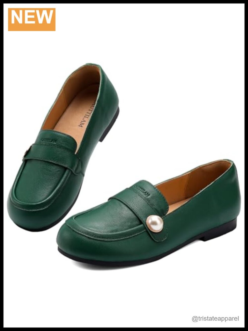 Genuine Leather Loafers Round Toe Slip-On Flats Pearl Embellishment Comfortable